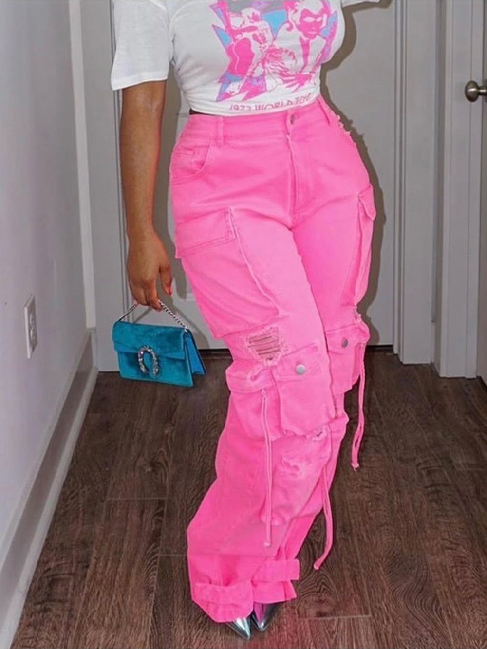 Womens Pink Cargo Pants with Distressed Detail​ - Picture 2 of 3